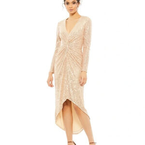 Mac Duggal Sequin Knotted Long Sleeve Midi Dress
